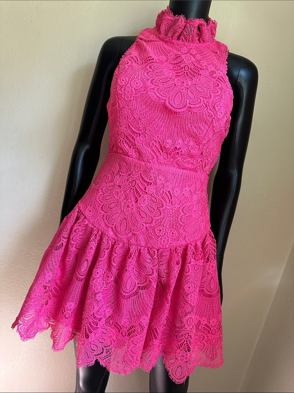 DO+BE Hot Pink Lace Ruffle Neck Open-Back Mini Dress